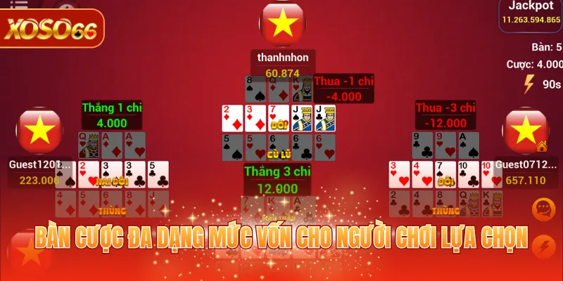 Mậu Binh Online - Game Bài Đấu Trí Hấp Dẫn Tại XOSO66 4 Bàn cược đa dạng mức vốn cho người chơi lựa chọn